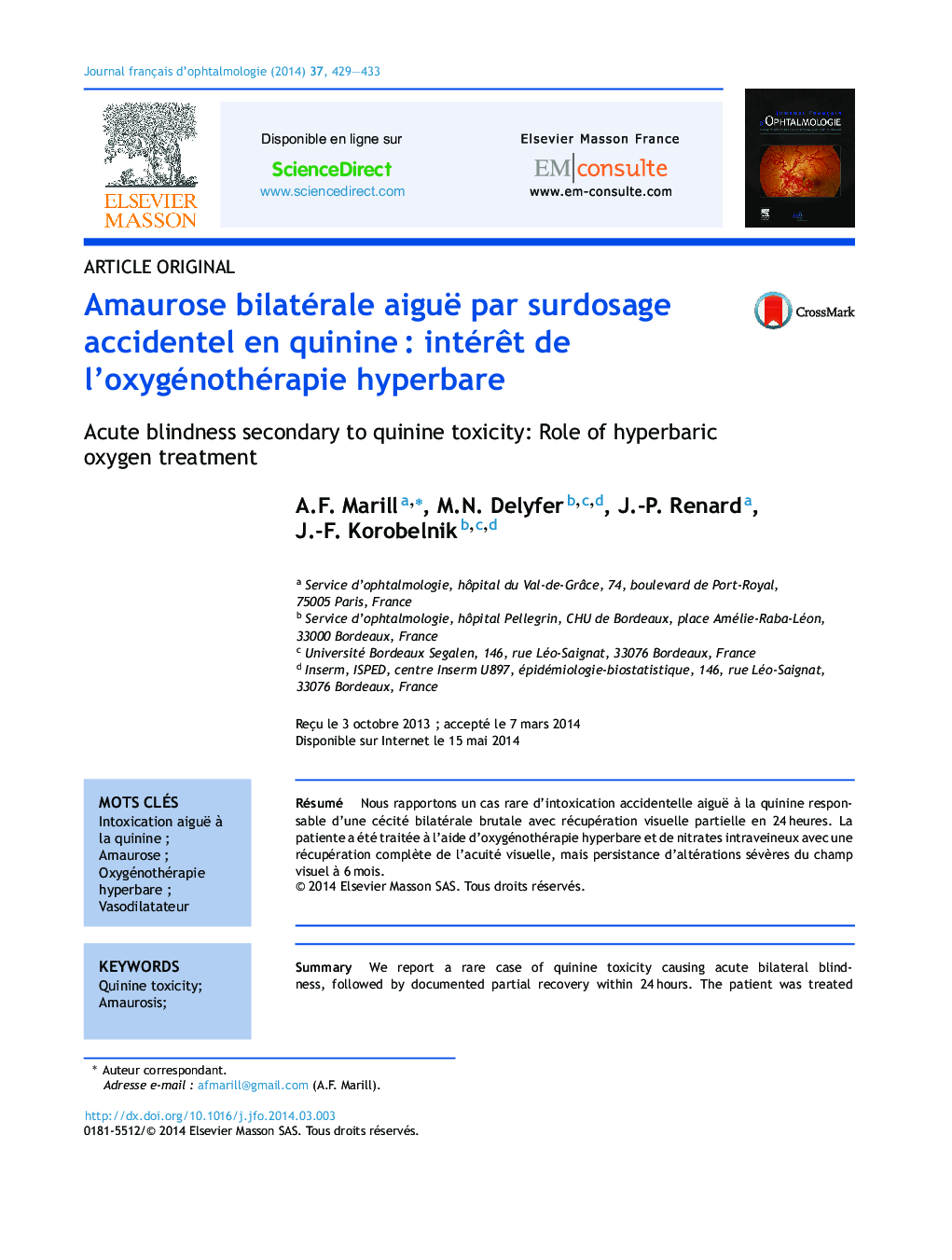 Amaurose bilatérale aiguë par surdosage accidentel en quinineÂ : intérÃªt de l'oxygénothérapie hyperbare
