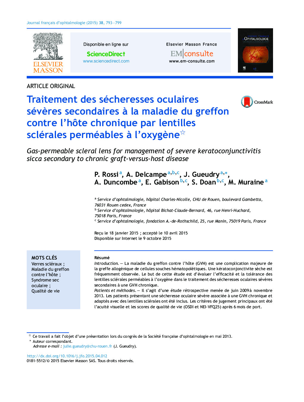 Traitement des sécheresses oculaires sévÃ¨res secondaires Ã  la maladie du greffon contre l'hÃ´te chronique par lentilles sclérales perméables Ã  l'oxygÃ¨ne