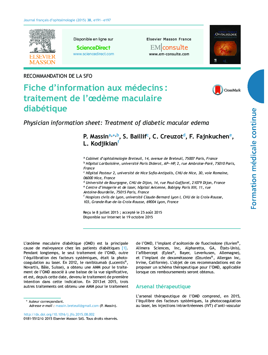 Fiche d'information aux médecinsÂ : traitement de l'ÅdÃ¨me maculaire diabétique