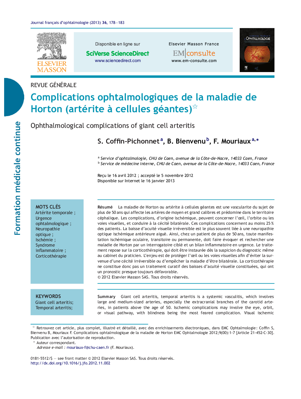 Complications ophtalmologiques de la maladie de Horton (artérite Ã  cellules géantes)