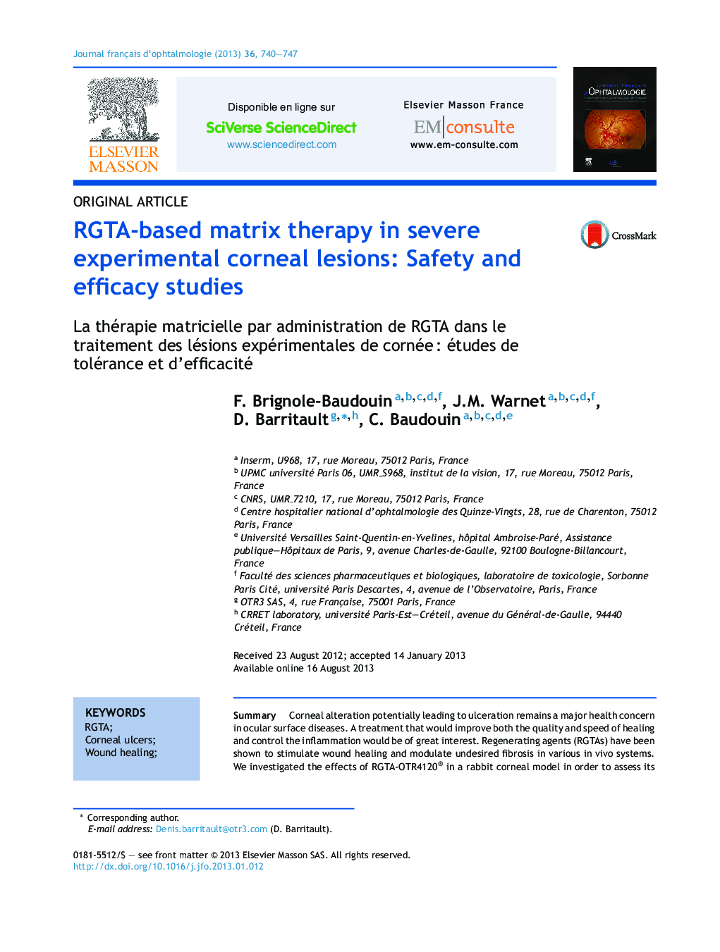 RGTA-based matrix therapy in severe experimental corneal lesions: Safety and efficacy studies