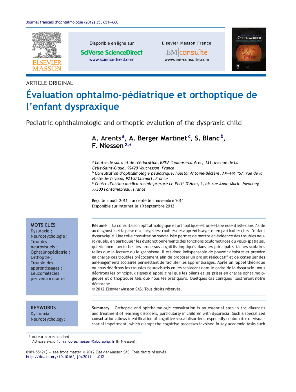 Ãvaluation ophtalmo-pédiatrique et orthoptique de l'enfant dyspraxique