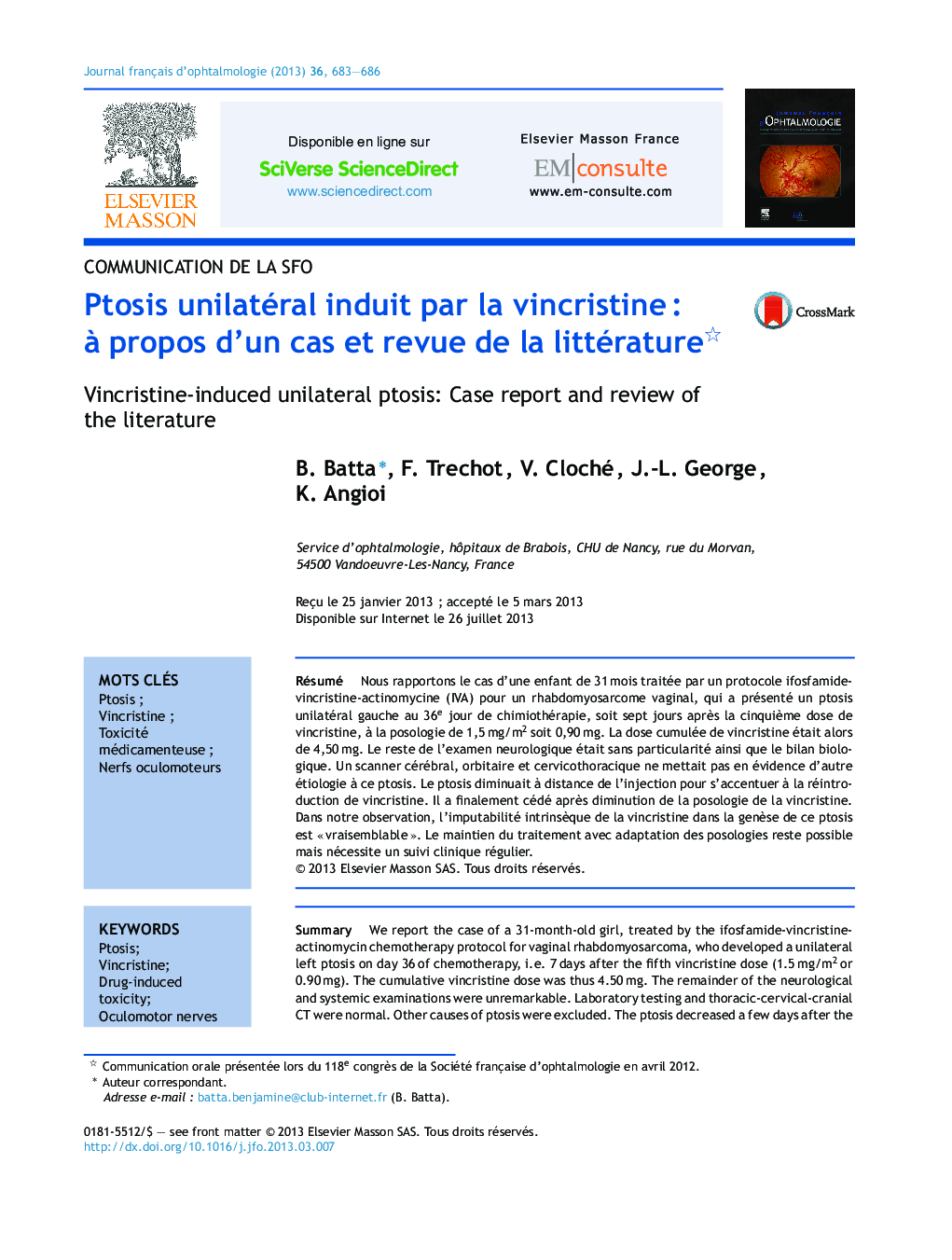 Ptosis unilatéral induit par la vincristineÂ : Ã  propos d'un cas et revue de la littérature