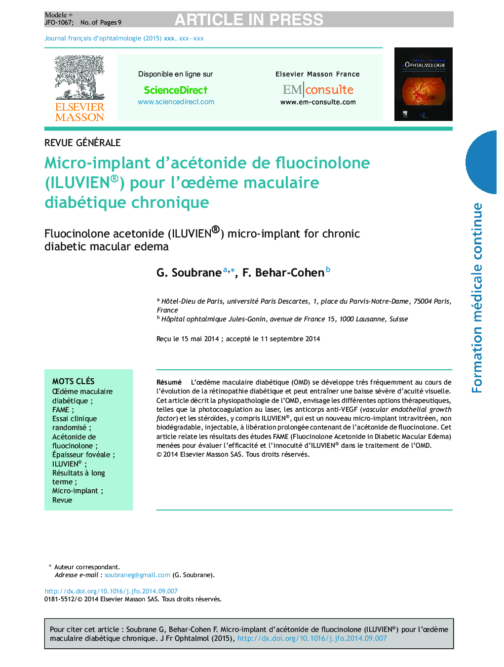 Micro-implant d'acétonide de fluocinolone (ILUVIEN®) pour l'ÅdÃ¨me maculaire diabétique chronique