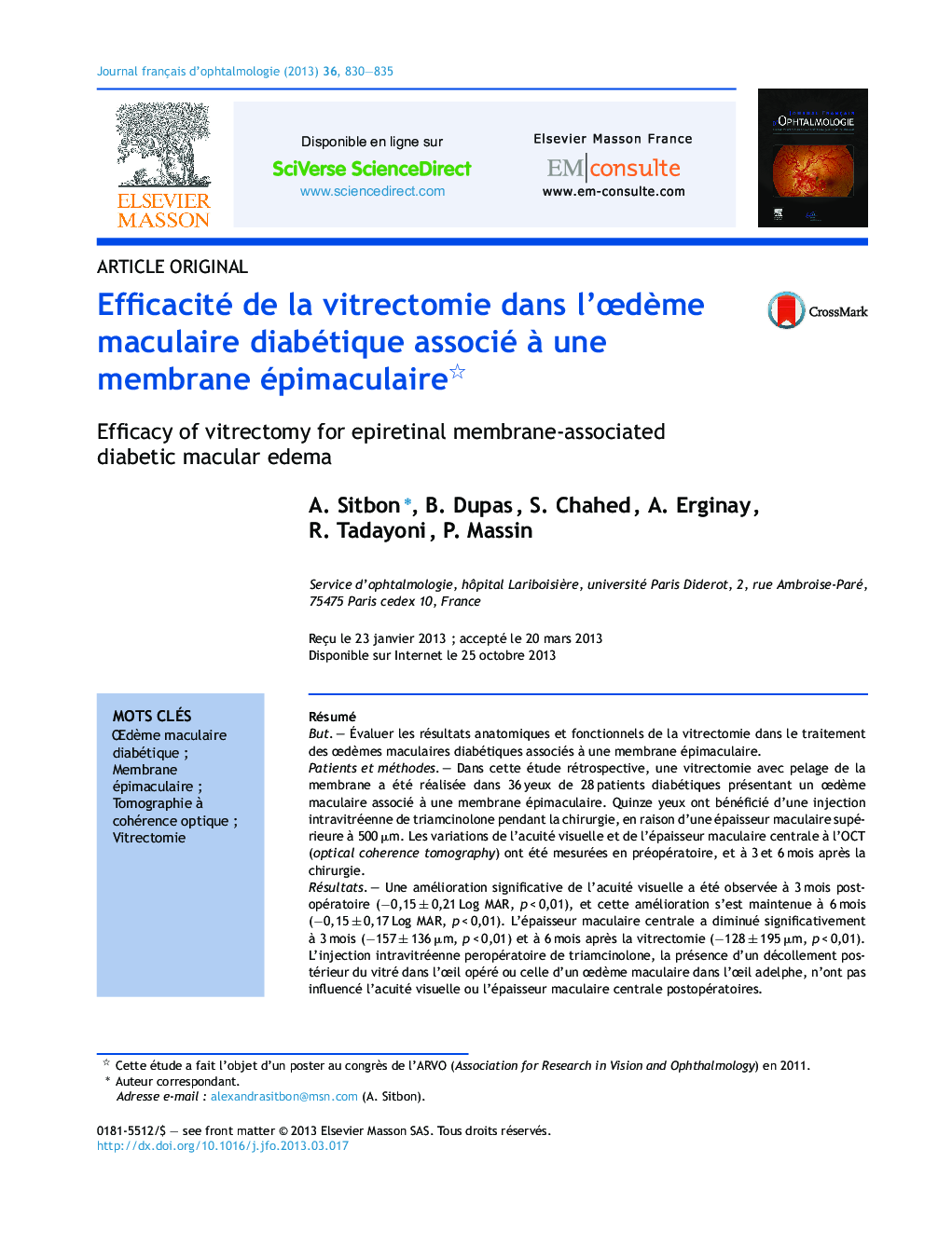 Efficacité de la vitrectomie dans l'ÅdÃ¨me maculaire diabétique associé Ã  une membrane épimaculaire