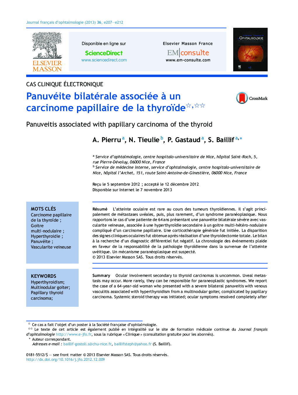 Panuvéite bilatérale associée Ã  un carcinome papillaire de la thyroïde