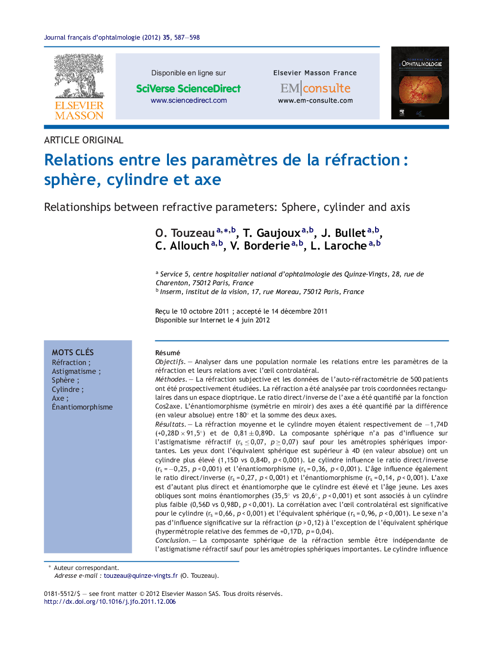 Relations entre les paramÃ¨tres de la réfractionÂ : sphÃ¨re, cylindre et axe