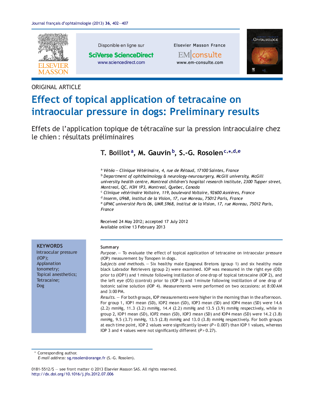 Effect of topical application of tetracaine on intraocular pressure in dogs: Preliminary results