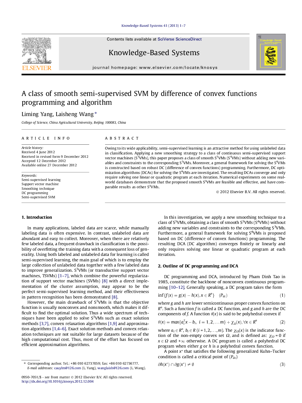 A class of smooth semi-supervised SVM by difference of convex functions programming and algorithm