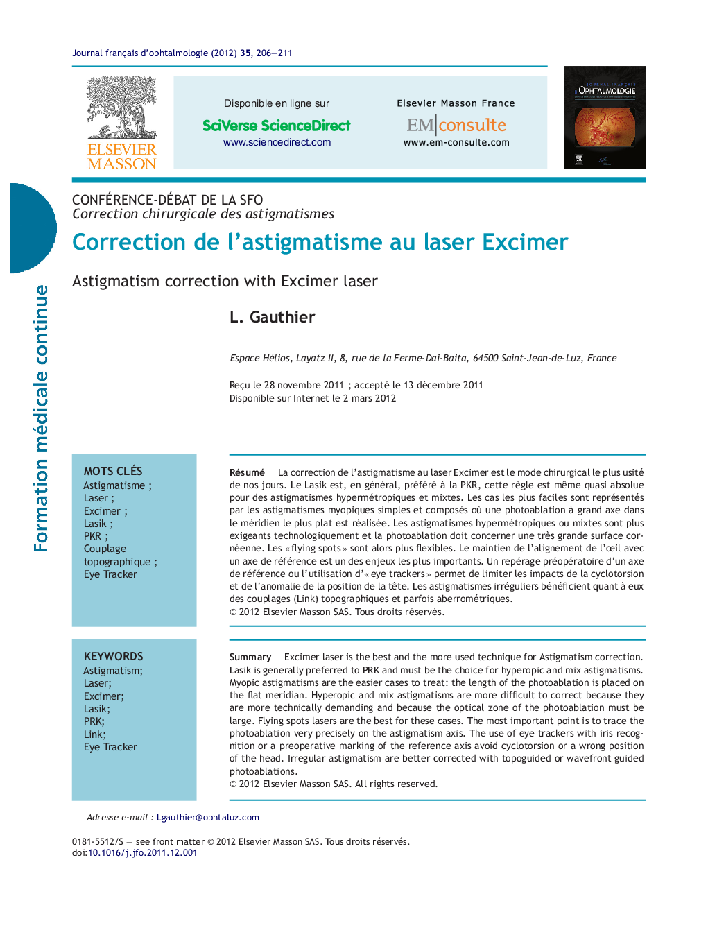 Correction de l'astigmatisme au laser Excimer