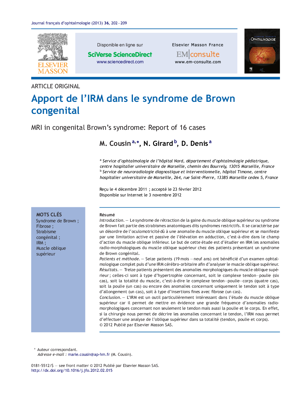 Apport de l'IRM dans le syndrome de Brown congenital