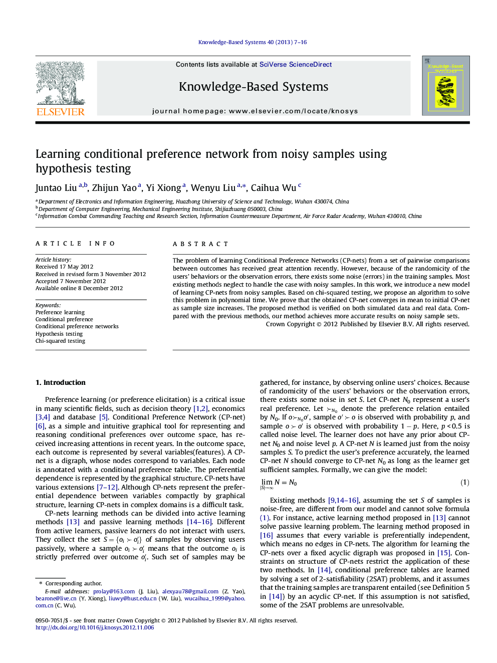 Learning conditional preference network from noisy samples using hypothesis testing