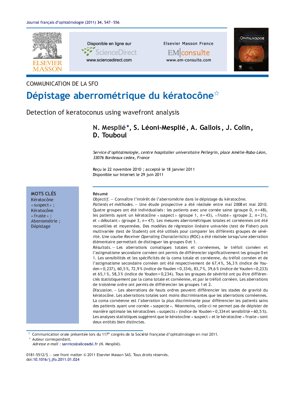 Dépistage aberrométrique du kératocÃ´ne