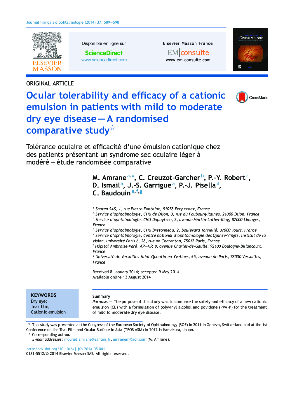 Ocular tolerability and efficacy of a cationic emulsion in patients with mild to moderate dry eye disease – A randomised comparative study 