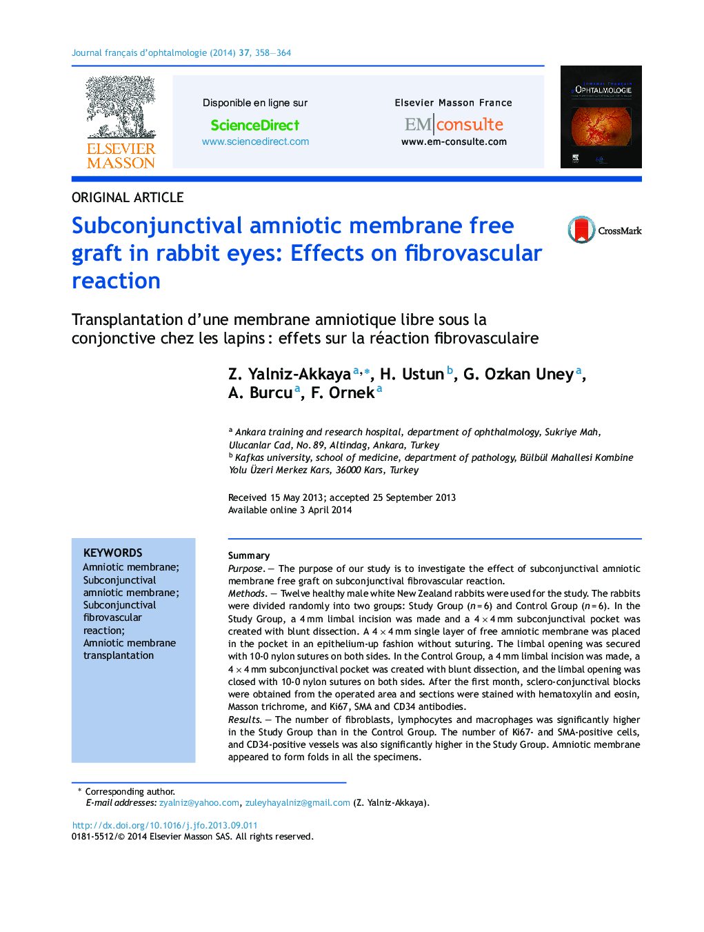 Subconjunctival amniotic membrane free graft in rabbit eyes: Effects on fibrovascular reaction