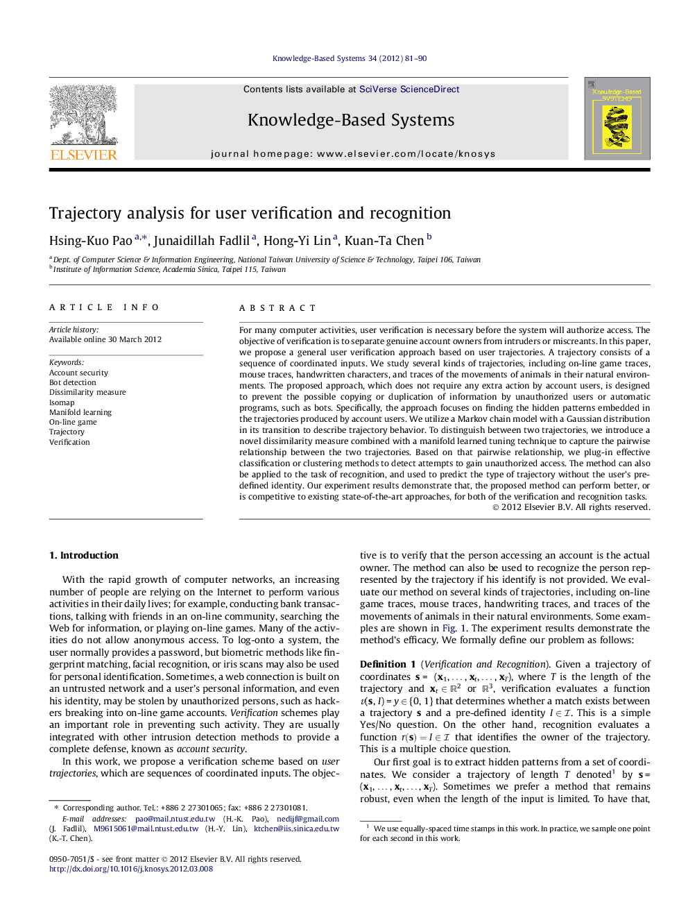 Trajectory analysis for user verification and recognition