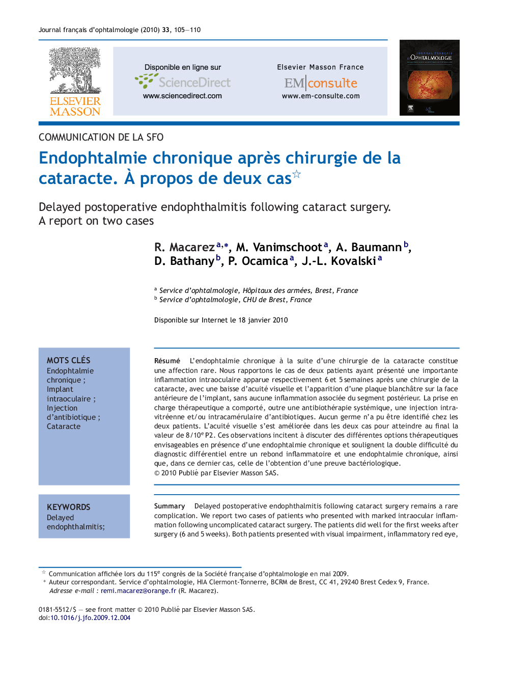 Endophtalmie chronique aprÃ¨s chirurgie de la cataracte