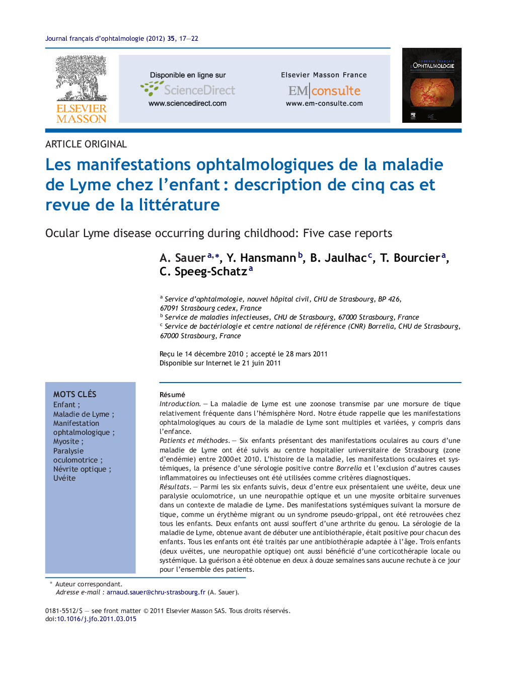 Les manifestations ophtalmologiques de la maladie de Lyme chez l'enfantÂ : description de cinq cas et revue de la littérature