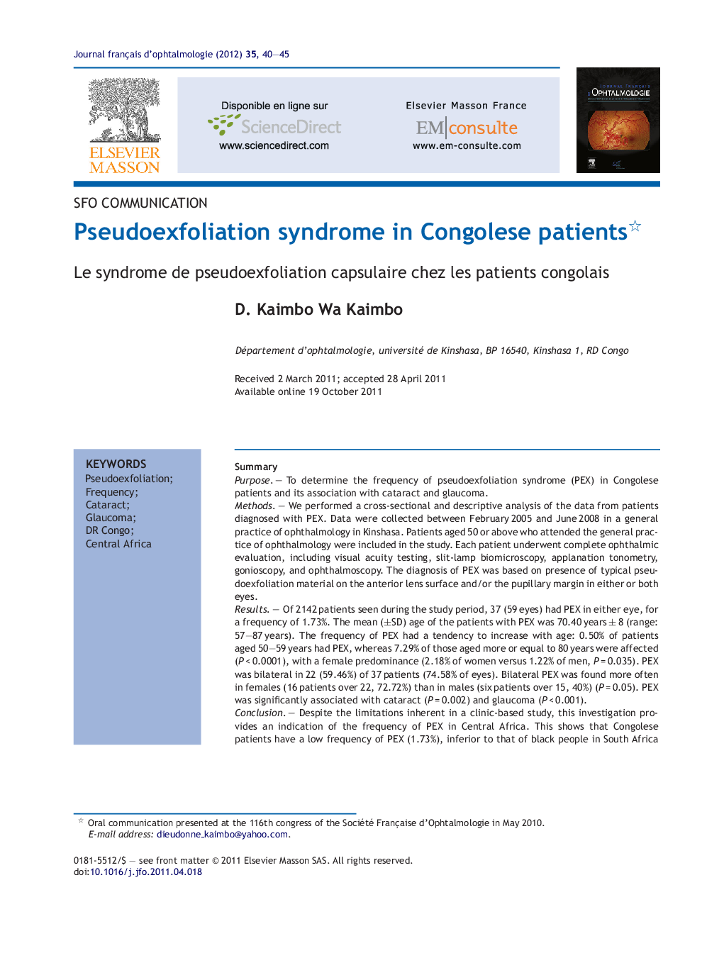 Pseudoexfoliation syndrome in Congolese patients