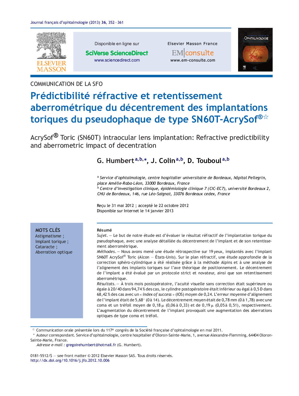 Prédictibilité réfractive et retentissement aberrométrique du décentrement des implantations toriques du pseudophaque de type SN60T-AcrySof®