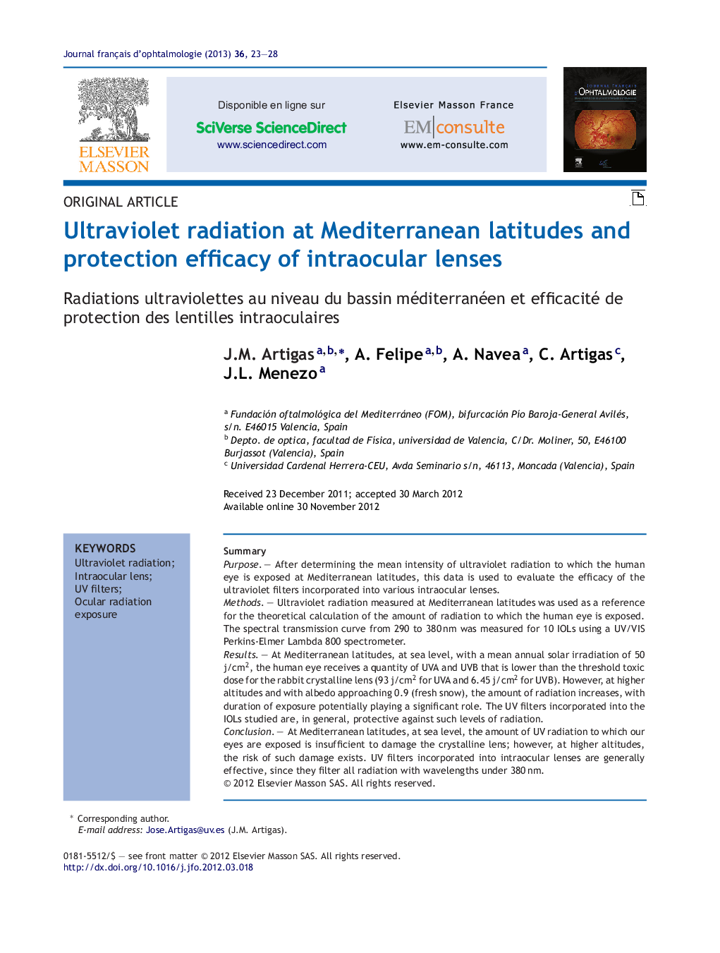عکس صفحه اول مقاله: Ultraviolet radiation at Mediterranean latitudes and protection efficacy of intraocular lenses Ultraviolet radiation at Mediterranean latitudes and protection efficacy of intraocular lenses