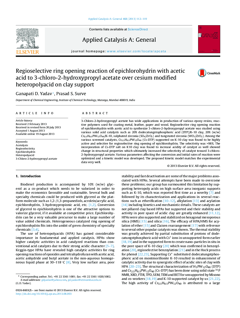 Regioselective ring opening reaction of epichlorohydrin with acetic acid to 3-chloro-2-hydroxypropyl acetate over cesium modified heteropolyacid on clay support