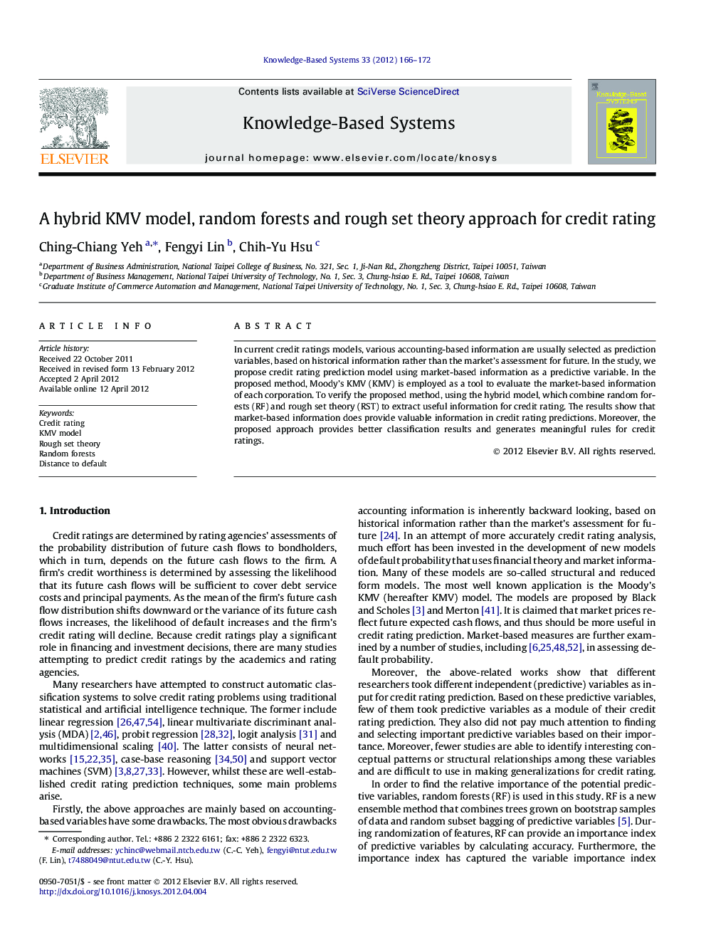 A hybrid KMV model, random forests and rough set theory approach for credit rating