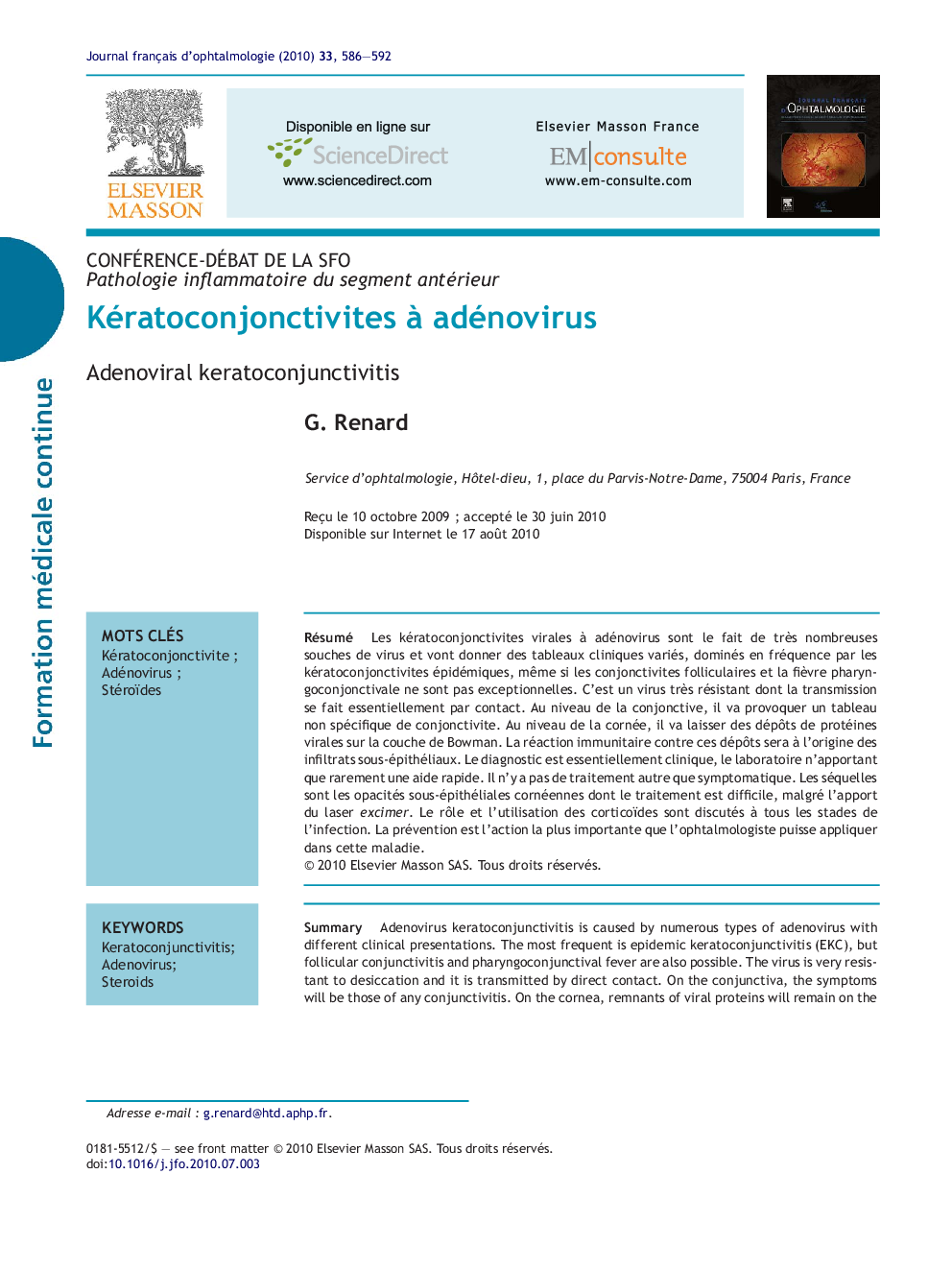 Kératoconjonctivites Ã  adénovirus