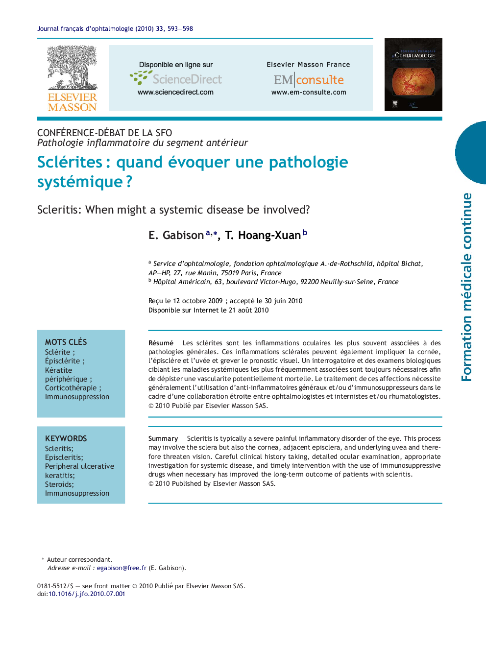 ScléritesÂ : quand évoquer une pathologie systémiqueÂ ?