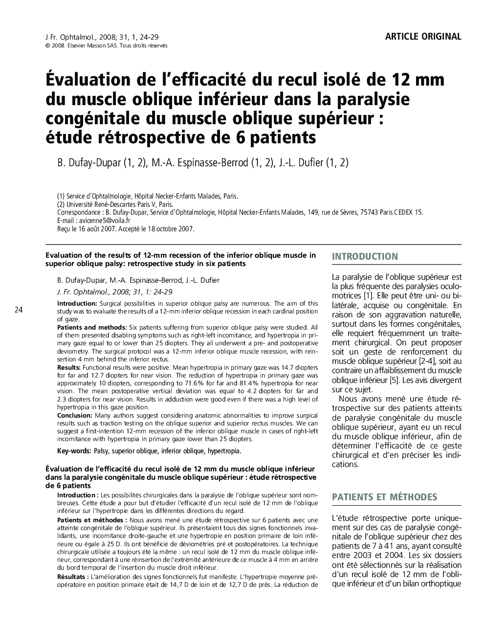 Évaluation de l’efficacité du recul isolé de 12 mm du muscle oblique inférieur dans la paralysie congénitale du muscle oblique supérieur : étude rétrospective de 6 patients