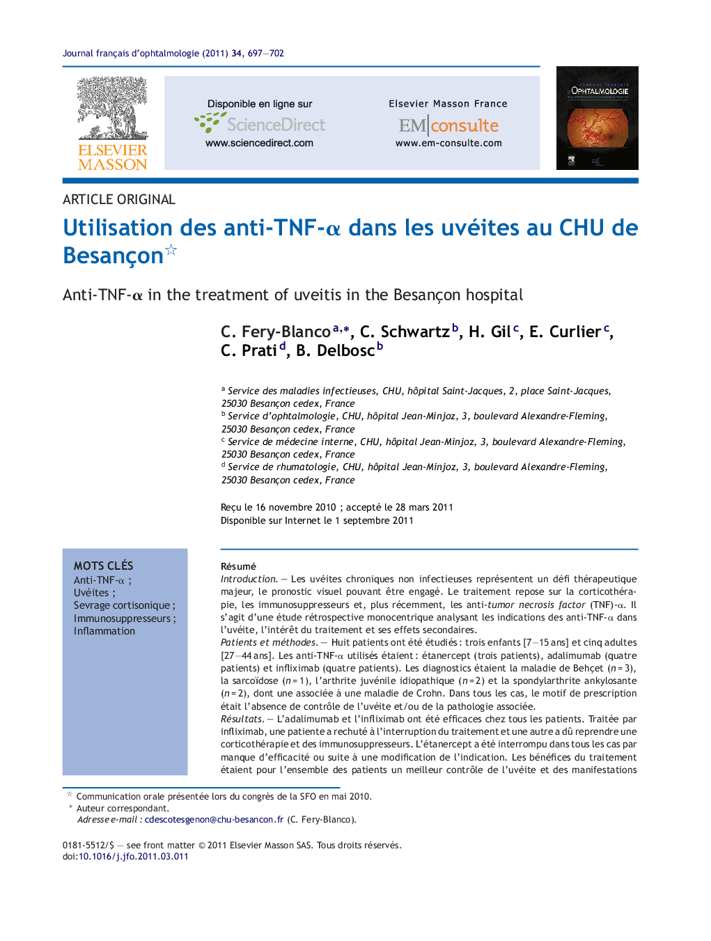 Utilisation des anti-TNF-Î± dans les uvéites au CHU de Besançon