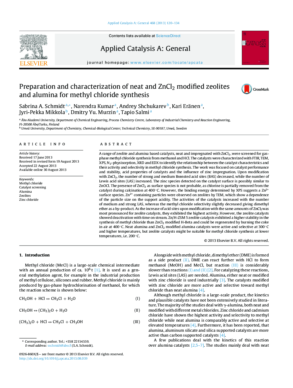 Preparation and characterization of neat and ZnCl2 modified zeolites and alumina for methyl chloride synthesis