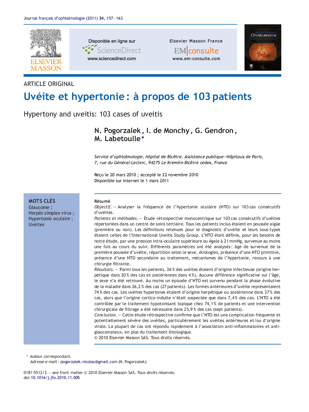 Uvéite et hypertonieÂ : Ã  propos de 103Â patients