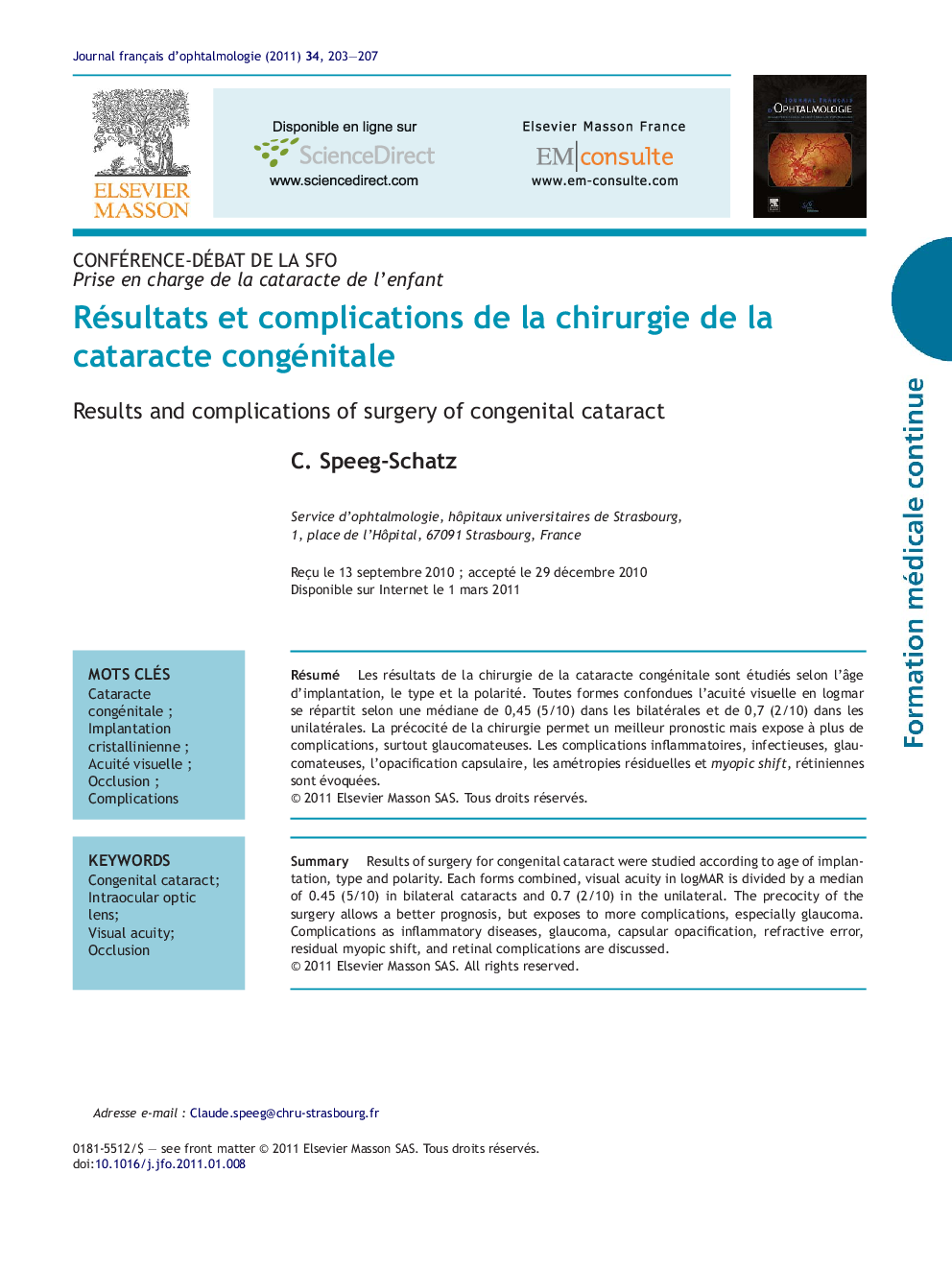 Résultats et complications de la chirurgie de la cataracte congénitale