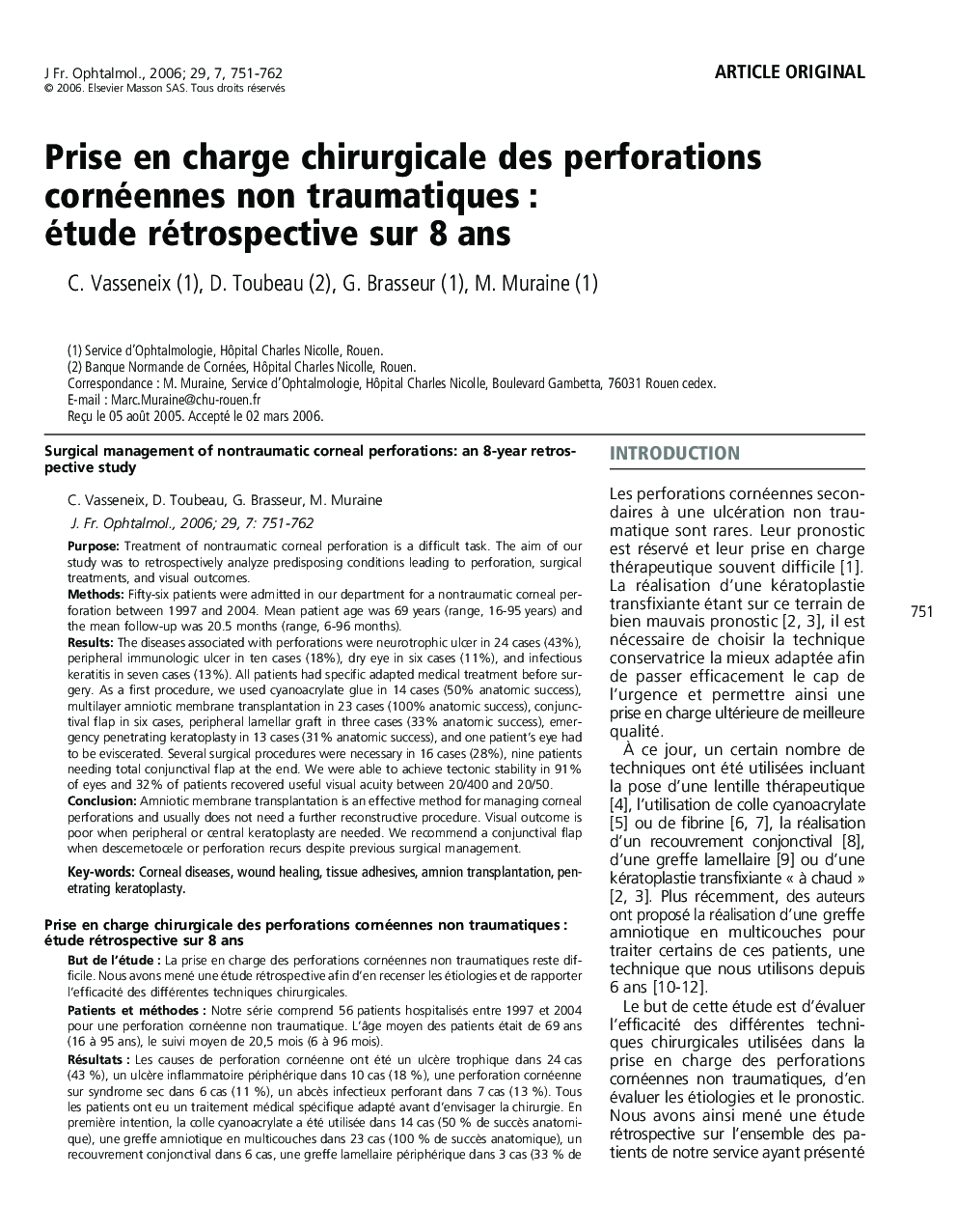 Prise en charge chirurgicale des perforations cornéennes non traumatiques : étude rétrospective sur 8 ans