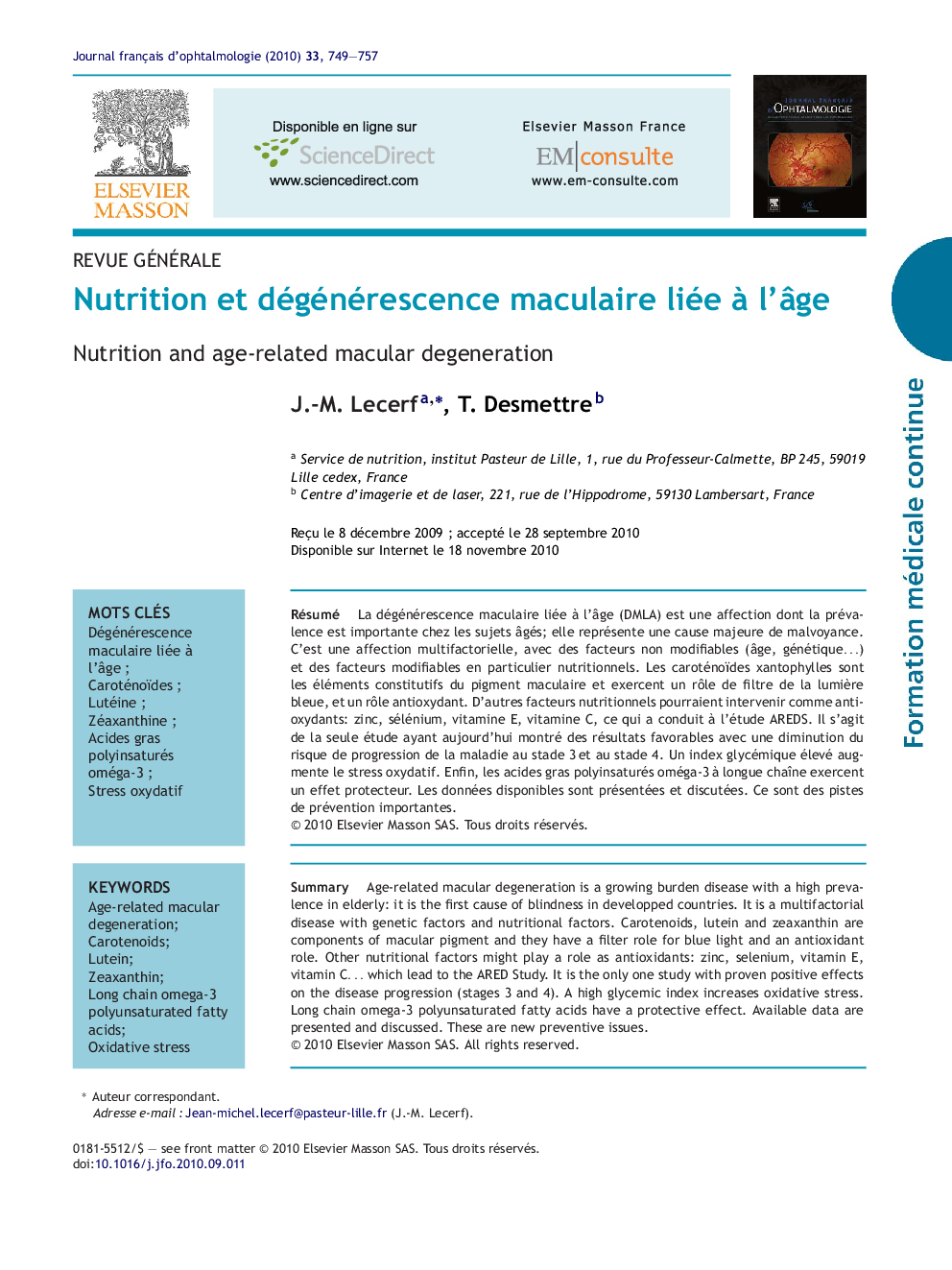 Nutrition et dégénérescence maculaire liée Ã  l'Ã¢ge