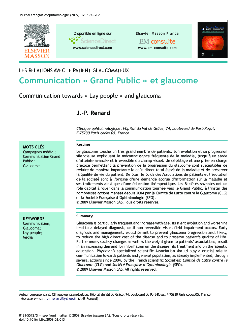 Communication Â« Grand Public Â» et glaucome