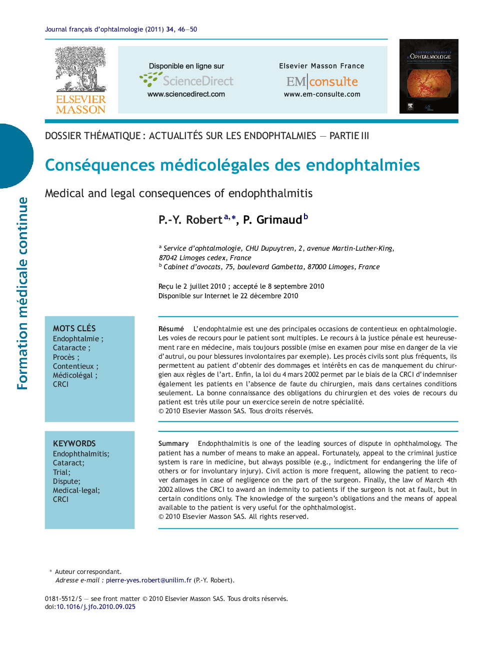 Conséquences médicolégales des endophtalmies