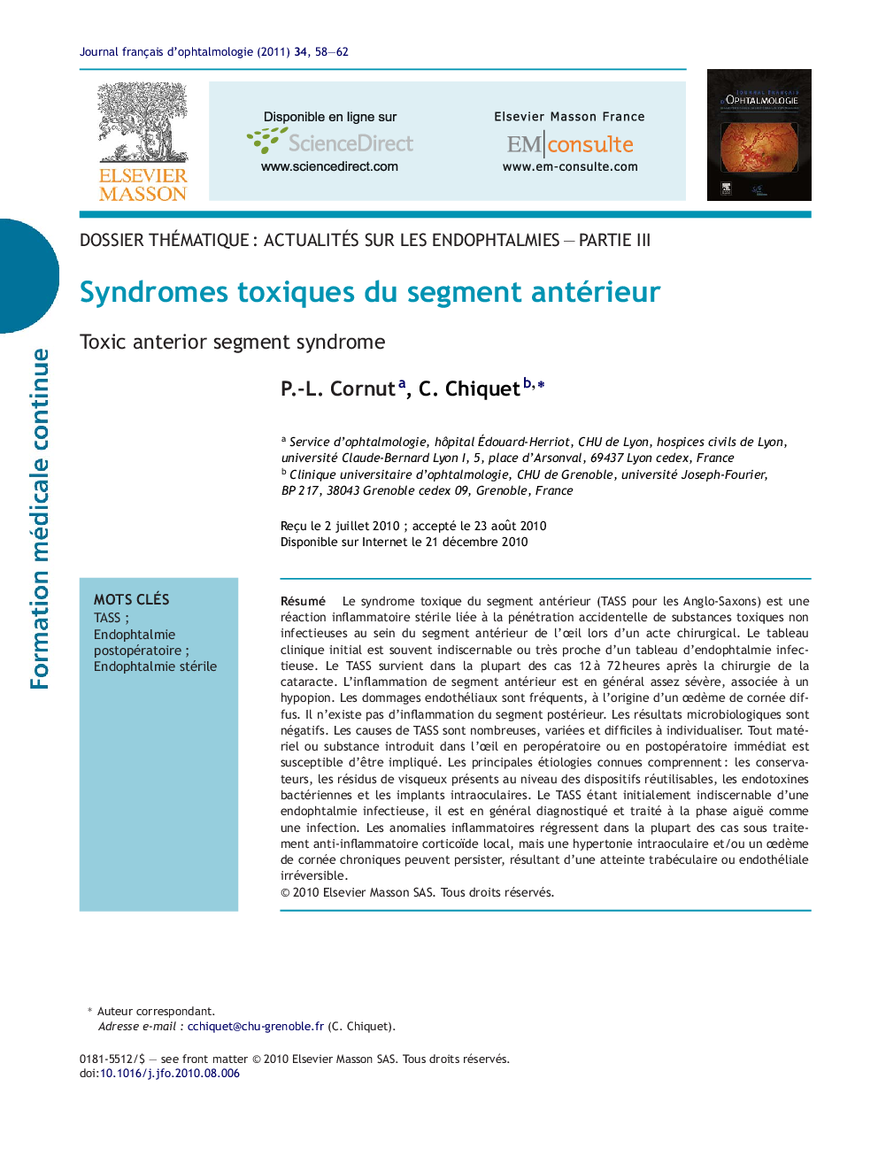 Syndromes toxiques du segment antérieur