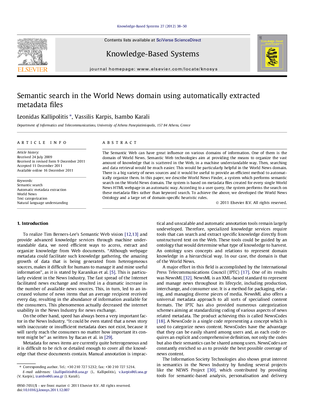 Semantic search in the World News domain using automatically extracted metadata files