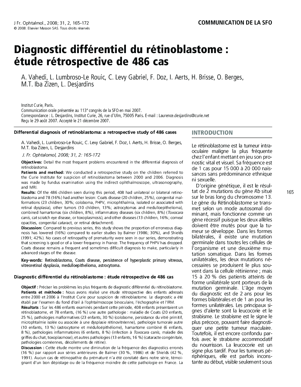 Diagnostic différentiel du rétinoblastomeÂ : étude rétrospective de 486 cas