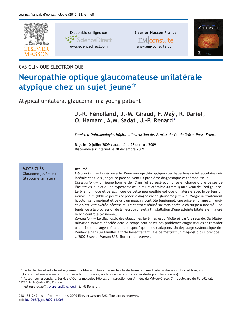 Neuropathie optique glaucomateuse unilatérale atypique chez un sujet jeune