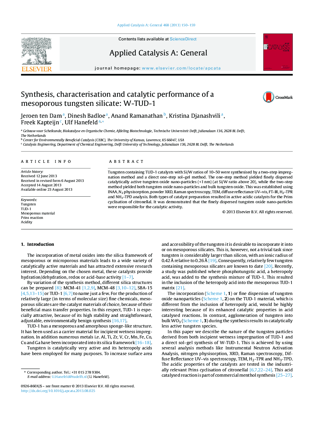 Synthesis, characterisation and catalytic performance of a mesoporous tungsten silicate: W-TUD-1