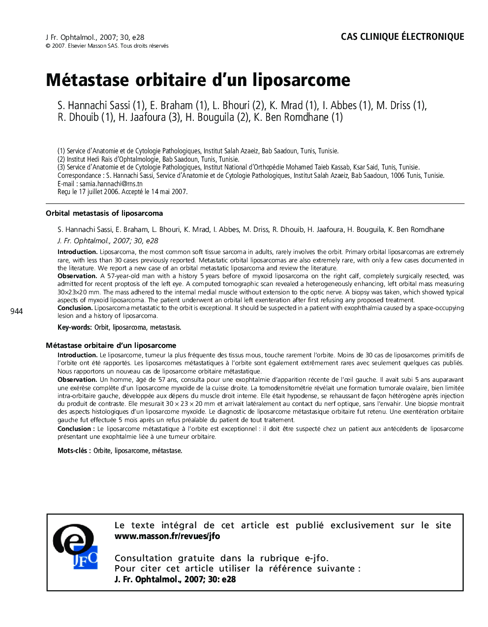 Cas clinique électroniqueMétastase orbitaire d'un liposarcomeOrbital metastasis of liposarcoma