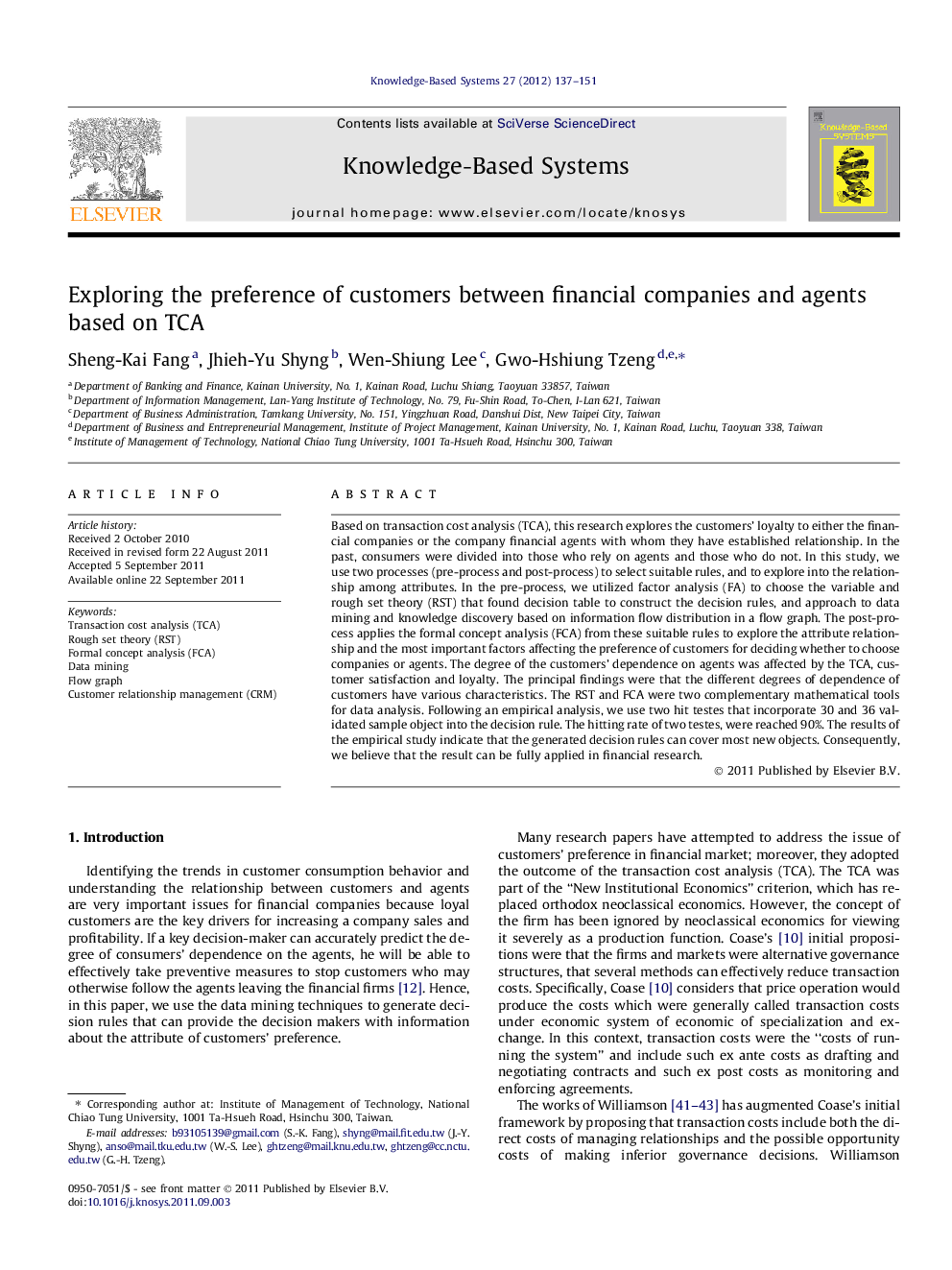 Exploring the preference of customers between financial companies and agents based on TCA