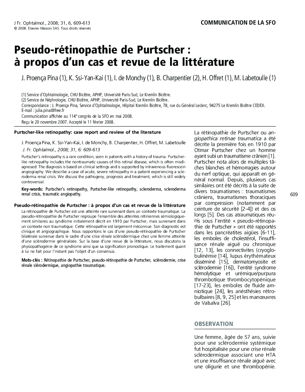 Pseudo-rétinopathie de PurtscherÂ : Ã  propos d'un cas et revue de la littérature