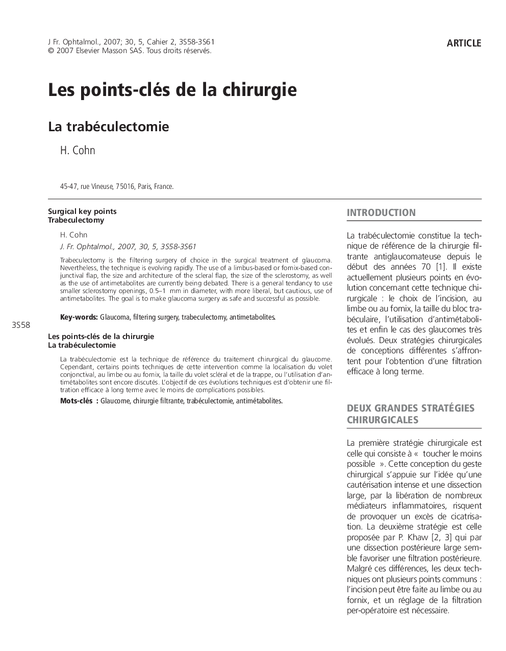 Les points-clés de la chirurgie: La trabéculectomieSurgical key points: Trabeculectomy