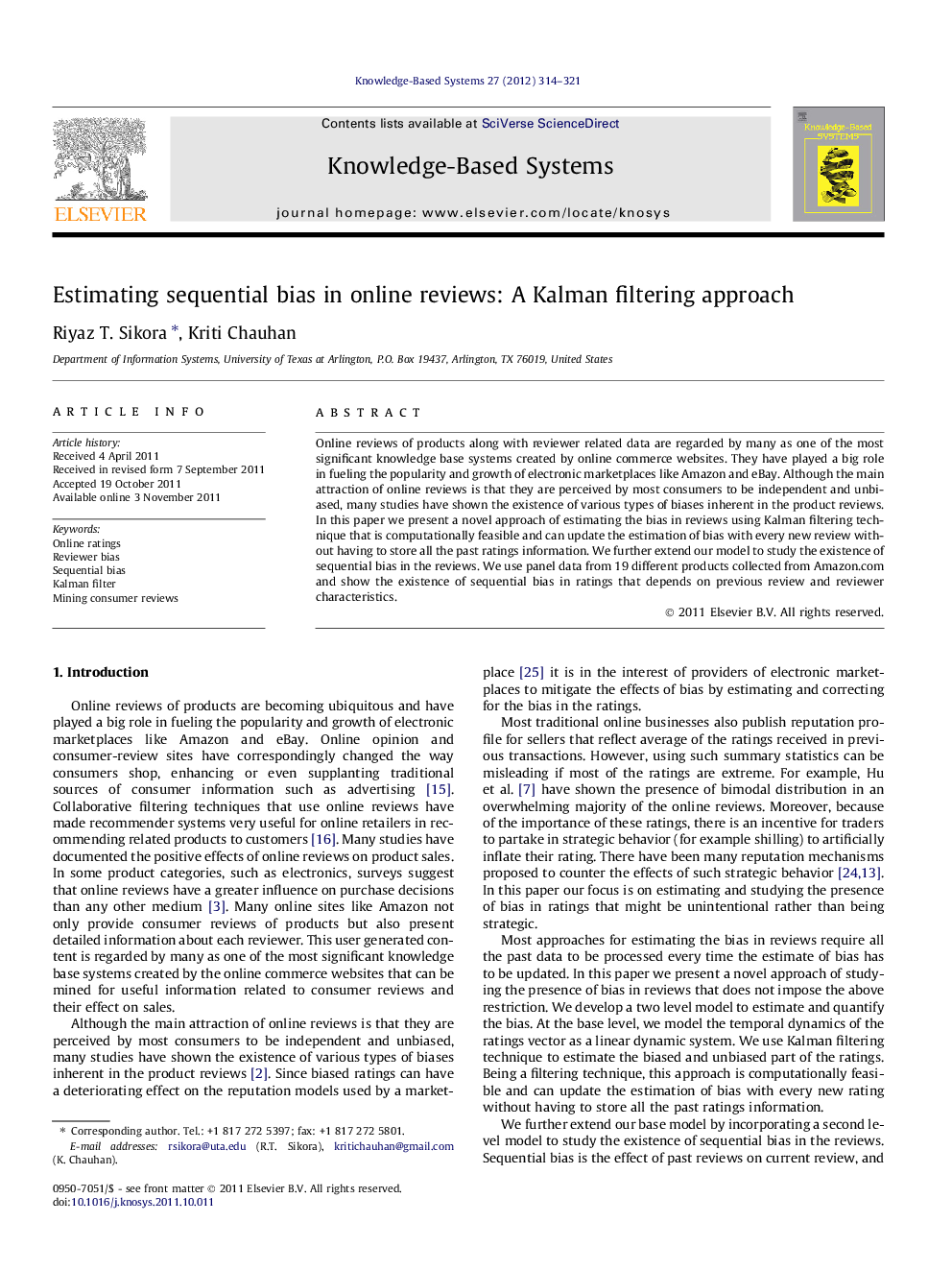 Estimating sequential bias in online reviews: A Kalman filtering approach