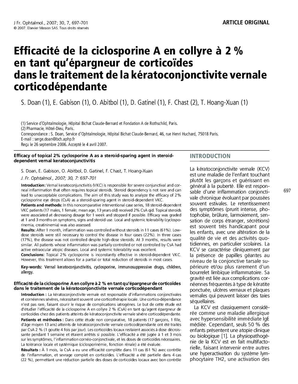 Efficacité de la ciclosporine A en collyre à 2 % en tant qu’épargneur de corticoïdes dans le traitement de la kératoconjonctivite vernale corticodépendante