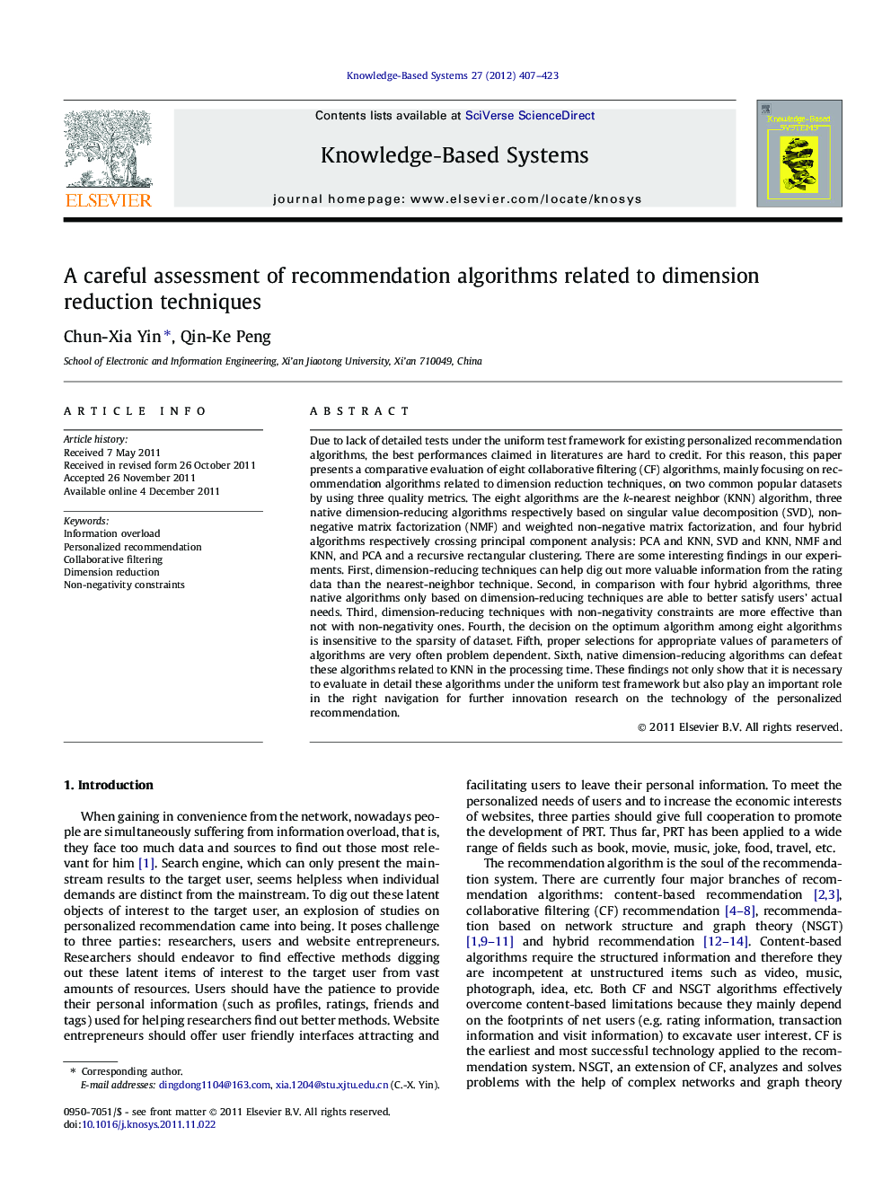 A careful assessment of recommendation algorithms related to dimension reduction techniques